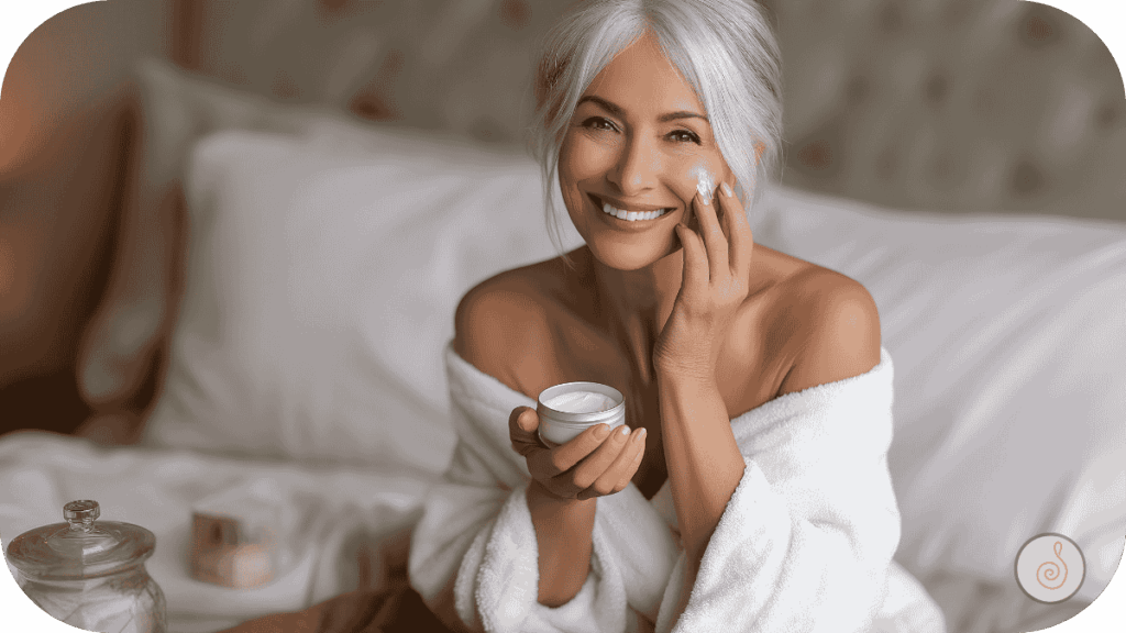 femme de 50 ans rayonnante appliquant une routine minimaliste pour peau mature